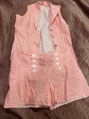 Handmade Pink Plaid Two-Piece Set - Button Front Shorts & Vest thumbnail 1