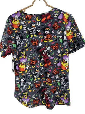 Disney Women’s Multicolor Halloween Print V-neck scrub top Mickey goofy S new thumbnail 2