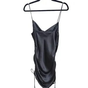Zara -1224 Black Satin Cowl Neck‎ Ruched Side Tie Sleeveless Mini Dress Small thumbnail 3