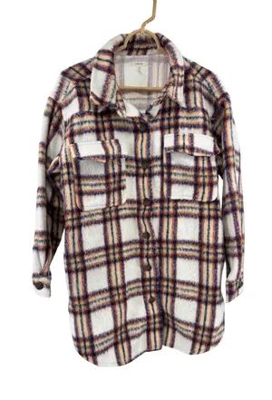 Maurices Lightweight Striped Jacket shacket in White, Blue, Orange plaid L fall thumbnail 1