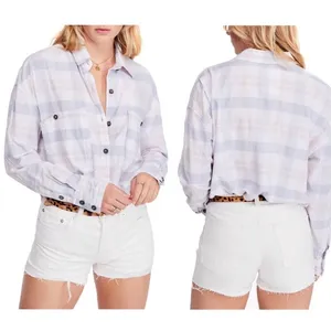 Free People Pink Blue Loveland Plaid Raw Hem Oversized Button Down Shirt XS thumbnail 4