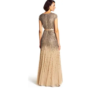 NWT Adrianna Papell Long Beaded‎ V-Neck Gown w/ Cap Sleeves & Waistband – Size 6 thumbnail 2