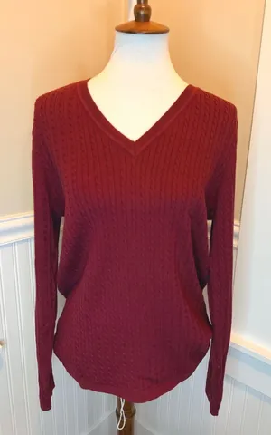 Tommy Hilfiger Cable Knit V-Neck Cotton Sweater Red Large TJROSK305C thumbnail 1