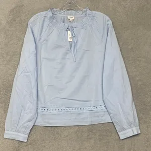 J Crew Shirt Womens Small Long Sleeve Tie Neck Top Gentle Sea Blue Cotton CT018 thumbnail 2