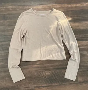 Anthropologie Long Sleeve Crew Neck Top Taupe Brown Raw Hem Small Minimalist thumbnail 1