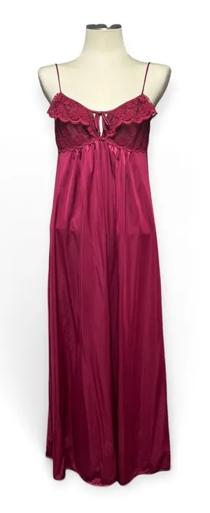 Maidenform Vintage Made in USA Union Made Lace Satin Nightgown Burgundy Medium thumbnail 1