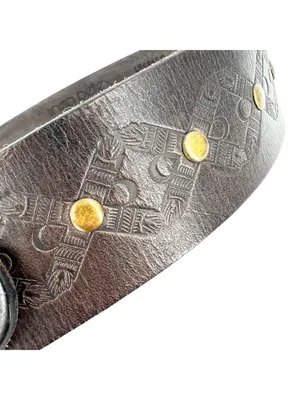 Linea Pelle Brown Leather Belt Solid Brass Buckle Studded Embossed Size Small thumbnail 3