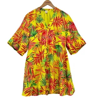Magaschoni‎ Yellow Tropical Linen Tunic Dress V-Neck Short Sleeve XS Pockets thumbnail 1