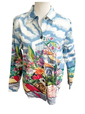 Vtg Real Comfort By Chadwick's Button Up Top Womens M Multi Floral Scenic Print thumbnail 1
