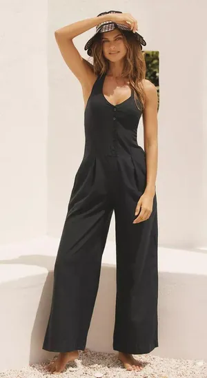 L*SPACE Alena Halter Wide-Leg Linen Jumpsuit in Black Size Small thumbnail 1