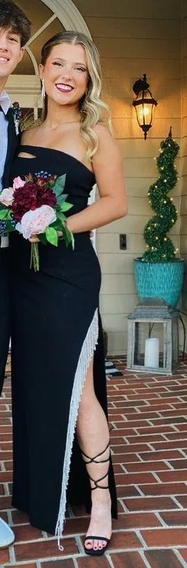 Sherri Hill Black Prom Dress with Fringe down the leg slit thumbnail 3