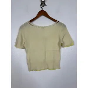 Free People Womens Pale Yellow Crochet Trim Short Sleeve Button Front Cardigan S thumbnail 2