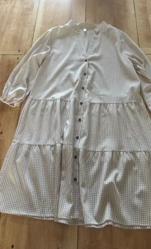 ePretty Chicago Tan Gingham Tiered Button Down‎ Dress Large Boho Cottagecore thumbnail 1