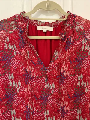 LOFT Long Sleeve Printed Red Top with Ruffle Trim thumbnail 3