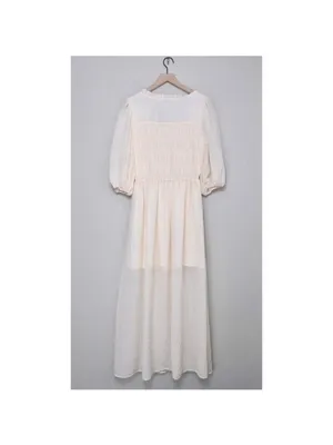 NWT All Saints Livi Tex Maxi Dress 6 Off White Ruched Puff Sleeve Smocked Slit thumbnail 9