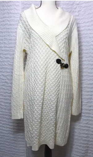 Calvin Klein Womens Cream Cable Knit Shawl Collar Toggle Sweater Dress Large thumbnail 1