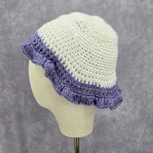 Vintage Y2K‎ Crochet Festival Kawaii Purple White Knit Beanie Floral Funky Hat thumbnail 3