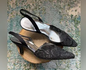 Vintage Y2K NOS Stuart Weitzman black lace slingback kitten heels, size 6.5M thumbnail 1