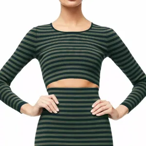 NWT‎ Good American Womens Stripe Long Sleeve Crop Top 2 medium Green/Navy thumbnail 2