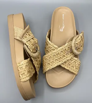 Marc Fisher Welti Slides Size 8.5 Mules Woven Raffia Buckle Boho Platform Sandal thumbnail 1