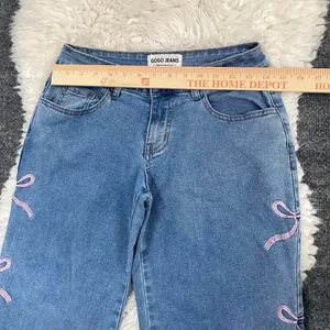 Gogo Jeans Denim Blue Wide Leg Jeans Mid Rise Pink Bow Embroidered Coquette Boho thumbnail 3