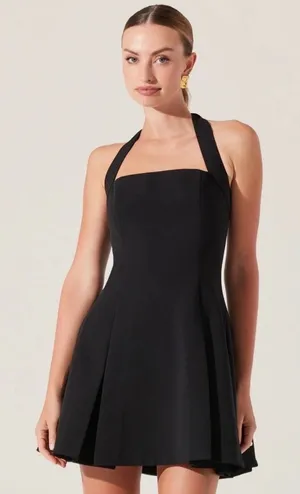 ASTR The Label Black Halter Mini Dress Square Neck A-Line Pleated Small thumbnail 1