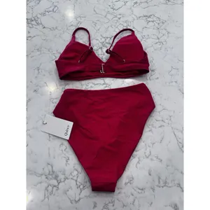 New Quince Cherry Red Italian V Neck Bikini Top & High Rise High Leg Bottoms XS thumbnail 2