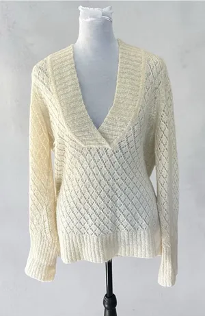 LOFT Cream V-Neck Openwork Cable Sweater thumbnail 1