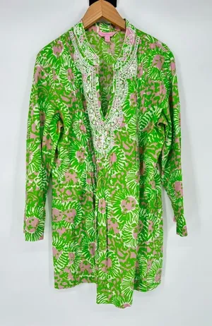 Lilly Pulitzer Womens‎ Sarasota V-Neck Beaded Tunic Top Size Medium Cotton Green thumbnail 1