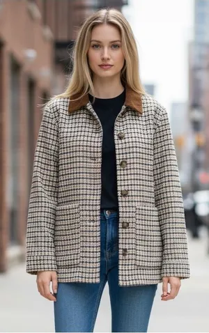 Joie Houndstooth Pea Coat with Brown Contrast Collar Wool Blend Small thumbnail 1