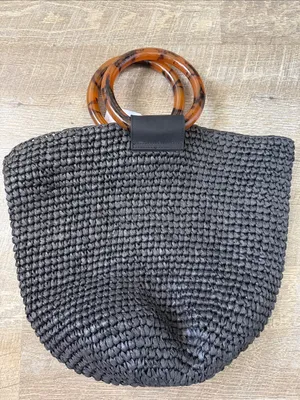 NWT & Other Stories Black Woven Tote Bag with Tortoiseshell Handle thumbnail 4