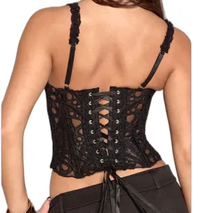 Black Lace Corset Top Bustier Lace Up Back Strappy Crop Tank Women's Size M⁠ thumbnail 4