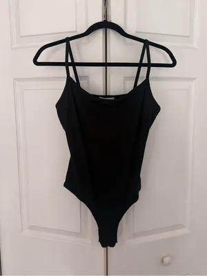 NWT Madewell Ribbed Cami Thong Bodysuit Black Simple Basic Bodysuit Medium thumbnail 4