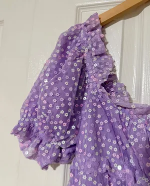 Buddy Love “Jac Puff” Sequin Purple Dress | M | Like-new Lavender Floral Overlay thumbnail 6