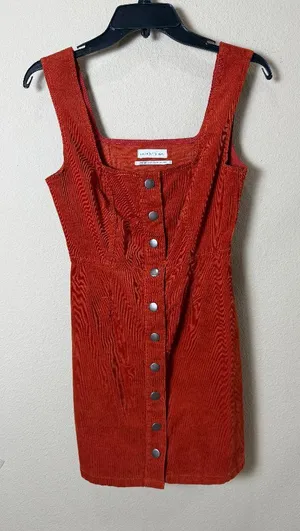 Urban Outfitters Brown Orange Corduroy Jumper Overall Dress Snap Front Size XS thumbnail 1