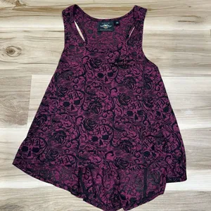 Harley Davidson Semi Sheer Skull Maroon Black Moto Flowy Tank Top Women’s XS thumbnail 1