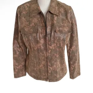 Andre Oliver Women’s Brown Black Faux SnakeSkin Leather Collared Jacket 4 thumbnail 2