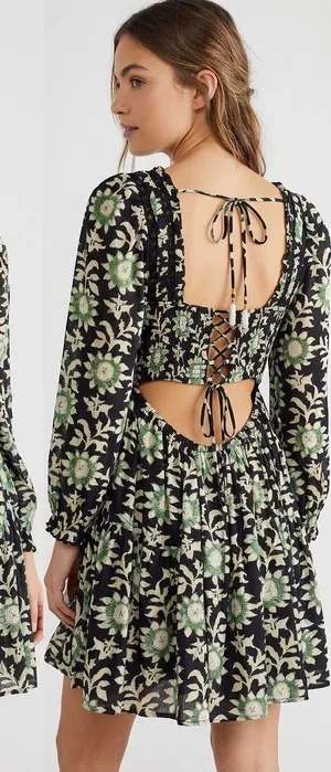 Free People Black and Green Floral Lace-Up Back Mini Dress thumbnail 1