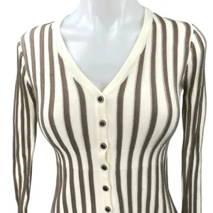 Commense Tan White Striped Knit Button V-Neck Long Sleeve Cardigan Sweater Top S thumbnail 3