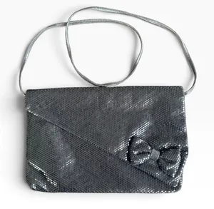 Vintage 80s 90s Black Metal Mesh Bow Evening Bag Shoulder Purse thumbnail 1