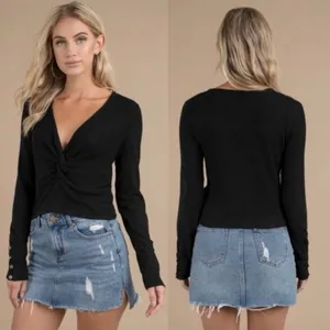 Free People All Types Of Twisted Black Top long sleeve V neck stretchy thumbnail 1