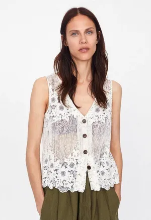 Ivory Linen Blend Floral Crochet Button Front Vest thumbnail 1