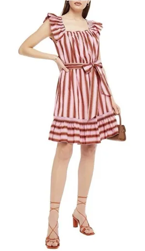$298 Kate‎ Spade Calais Pink Stripe Ruffle Flutter Dress Size Small Belted!! thumbnail 1