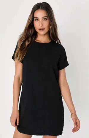 Lulus Black Shift Dress Short Sleeve Back Zip Minimalist Size L thumbnail 1