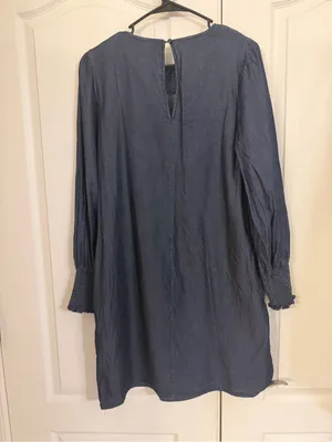 New York & Company Jean elastic Long-Sleeve Smocked Cuff Shift Dress thumbnail 2