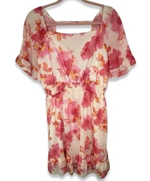 PEACH LOVE CALIFORNIA floral flutter sleeve tired ruffle hem mini dress thumbnail 3