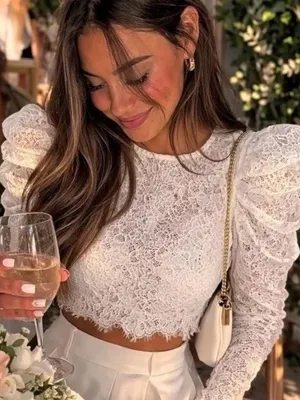 NWOT Naked Wardrobe The Statement Puff Sleeve Lace Crop Top Size Small S NEW thumbnail 1