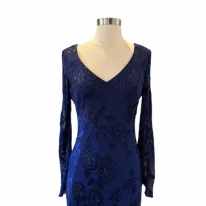 Vintage Alex Evenings Navy Silk Beaded Floral Handkerchief Maxi Dress thumbnail 3