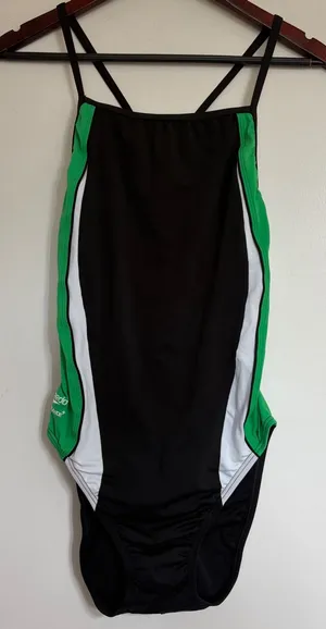 Speedo Endurance+ Swimsuit Womens Medium Black Green White‎ Crossback One Piece thumbnail 1