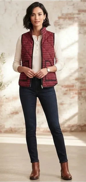 J Crew Red Black Buffalo Check Quilted Puffer Vest‎ Gilet Size S thumbnail 1